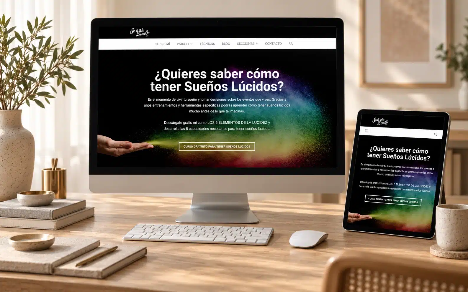 Web de Soñar Lúcido presentada en un ordenador y una tableta sobre un escritorio